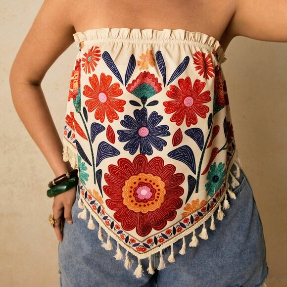 Apricot Boho Women's Floral Print Loose Tube Top - Picture 6 of 7